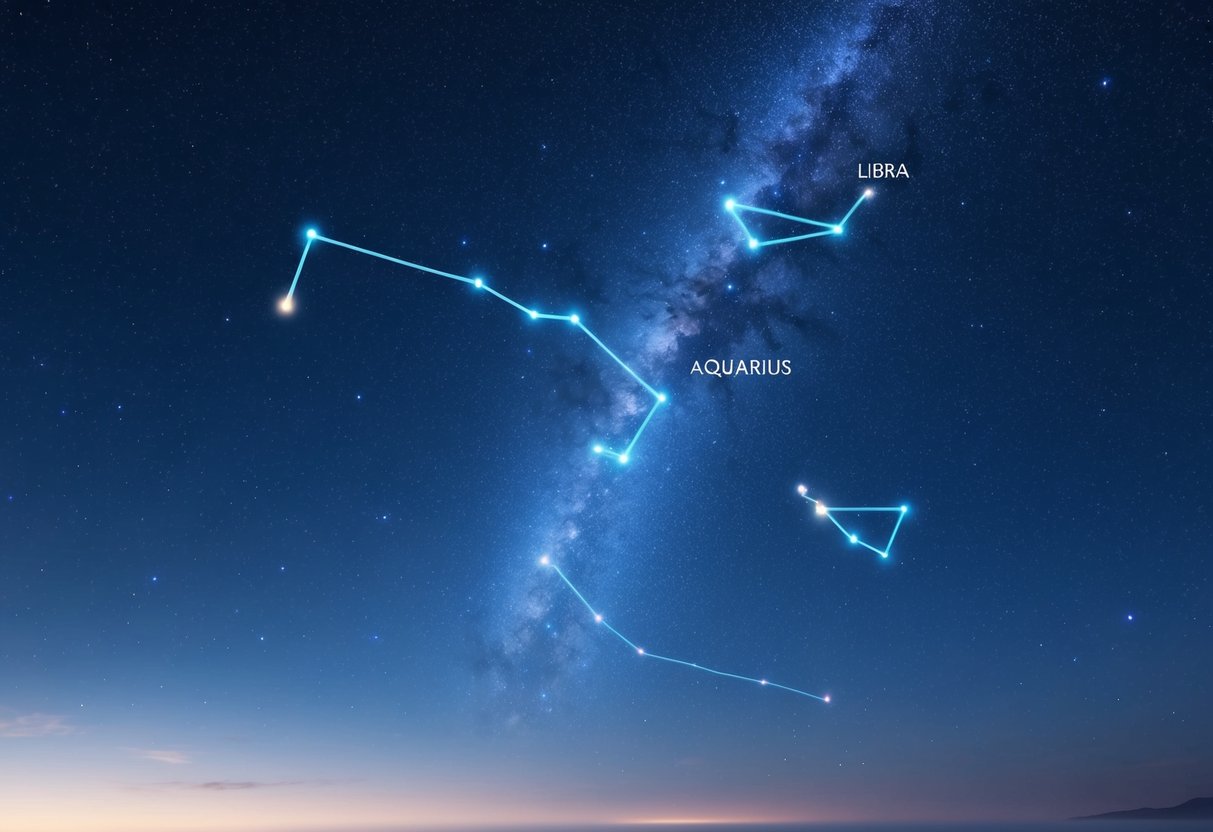 A serene night sky with the Aquarius constellation shining brightly, while the Libra constellation appears nearby, evoking a sense of harmony and balance