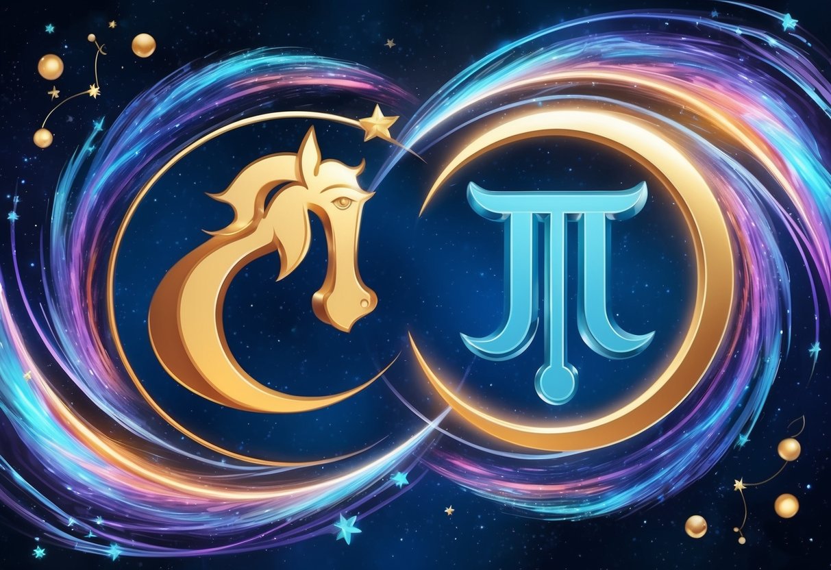 Two zodiac symbols, Aquarius and Libra, surrounded by swirling celestial elements