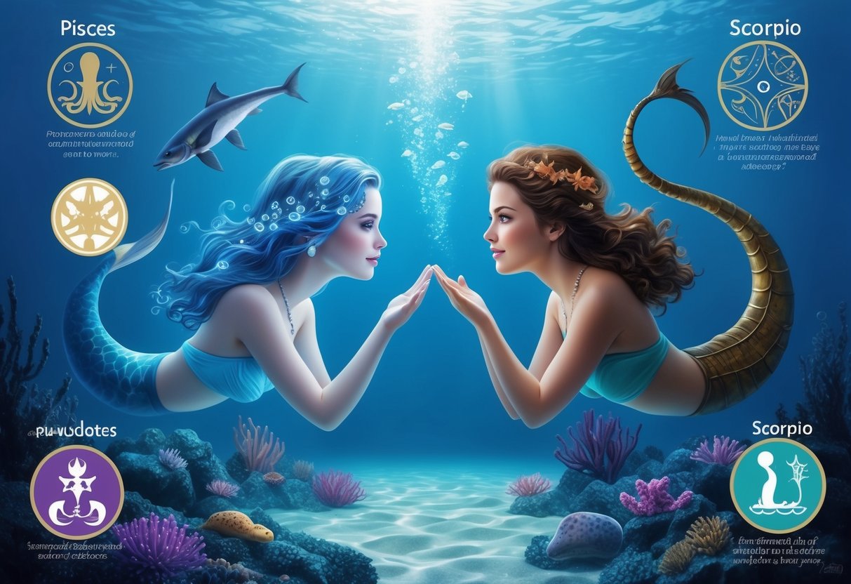 A Pisces and Scorpio sharing a serene underwater world, surrounded by symbols of their cultural perspectives and anecdotes