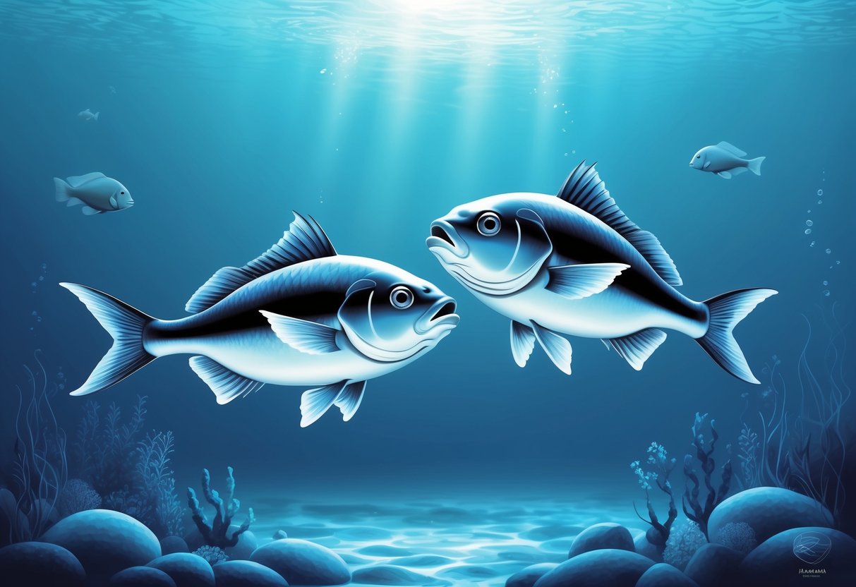 A tranquil underwater scene with two fish swimming in perfect unison, surrounded by a serene and harmonious atmosphere