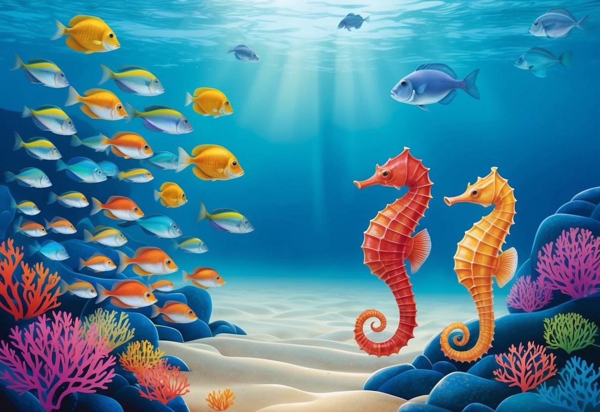 A serene underwater scene with a school of colorful fish swimming peacefully alongside a pair of graceful seahorses