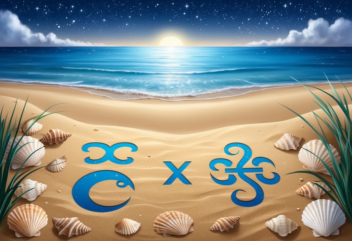 A tranquil beach with Pisces and Virgo symbols in the sand, surrounded by seashells and a calm ocean under a starry night sky