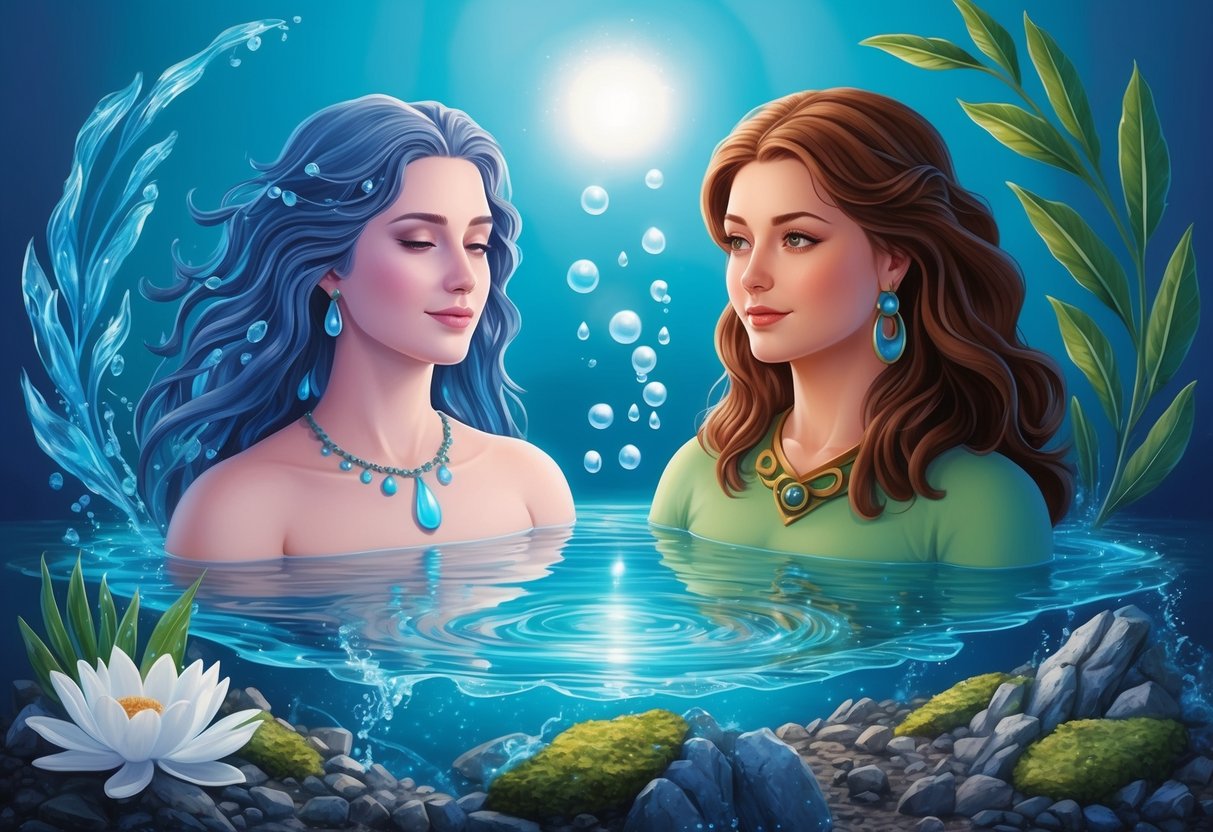 A serene Pisces and grounded Virgo surrounded by water and earth elements, symbolizing their deep emotional and practical connection