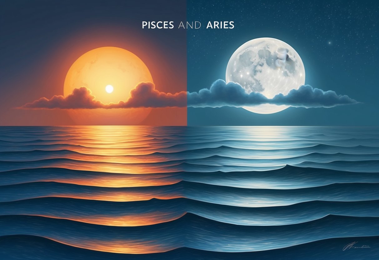 A serene ocean with a fiery sunrise on one side and a tranquil moonrise on the other, symbolizing the balance and compromise between Pisces and Aries