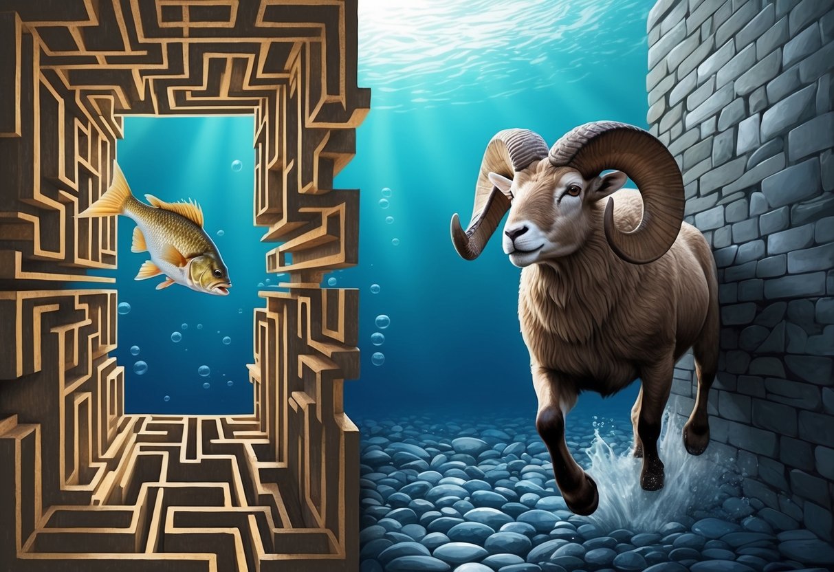 A fish swimming through a maze of illusions, while a ram charges through a wall of disappointment