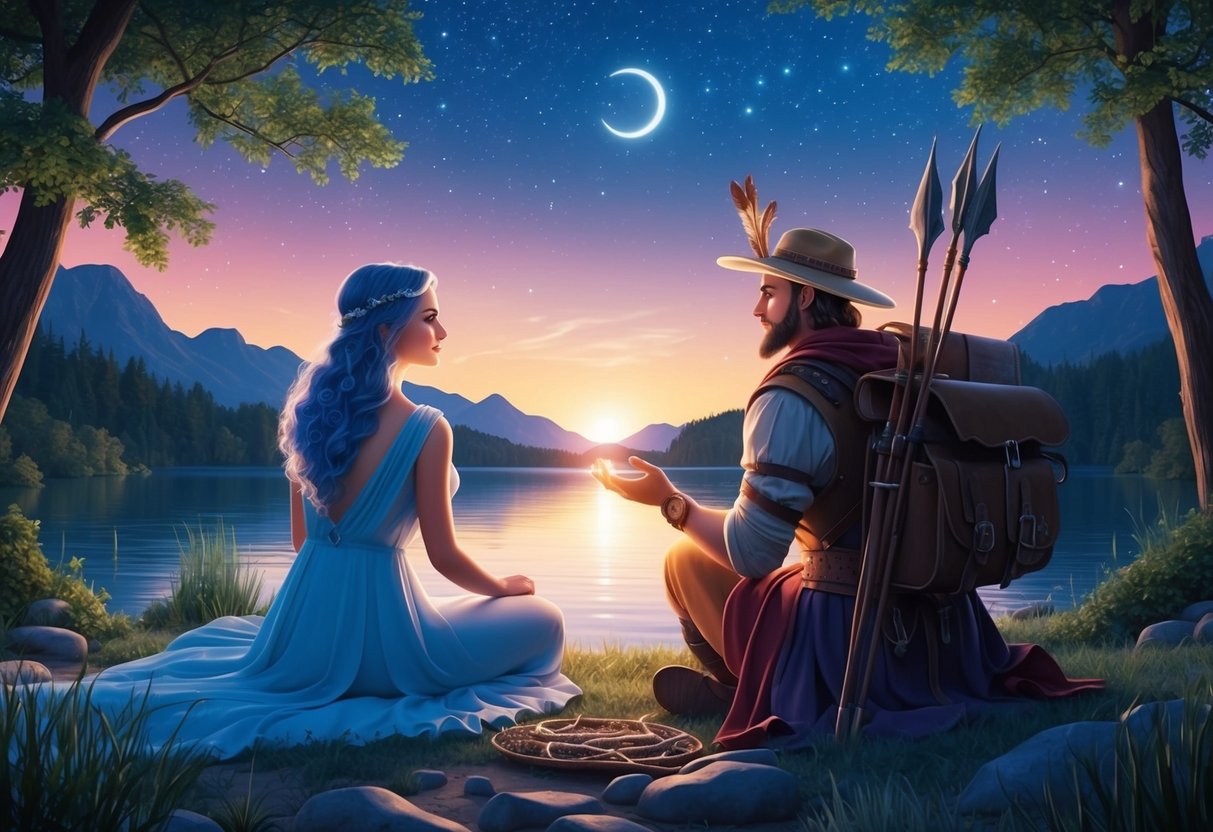 A serene Pisces and adventurous Sagittarius sitting by a tranquil lake, gazing at the stars together