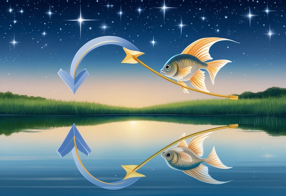 A tranquil pond reflects the stars above as a graceful fish swims alongside a lively arrow, symbolizing the harmonious connection between Pisces and Sagittarius