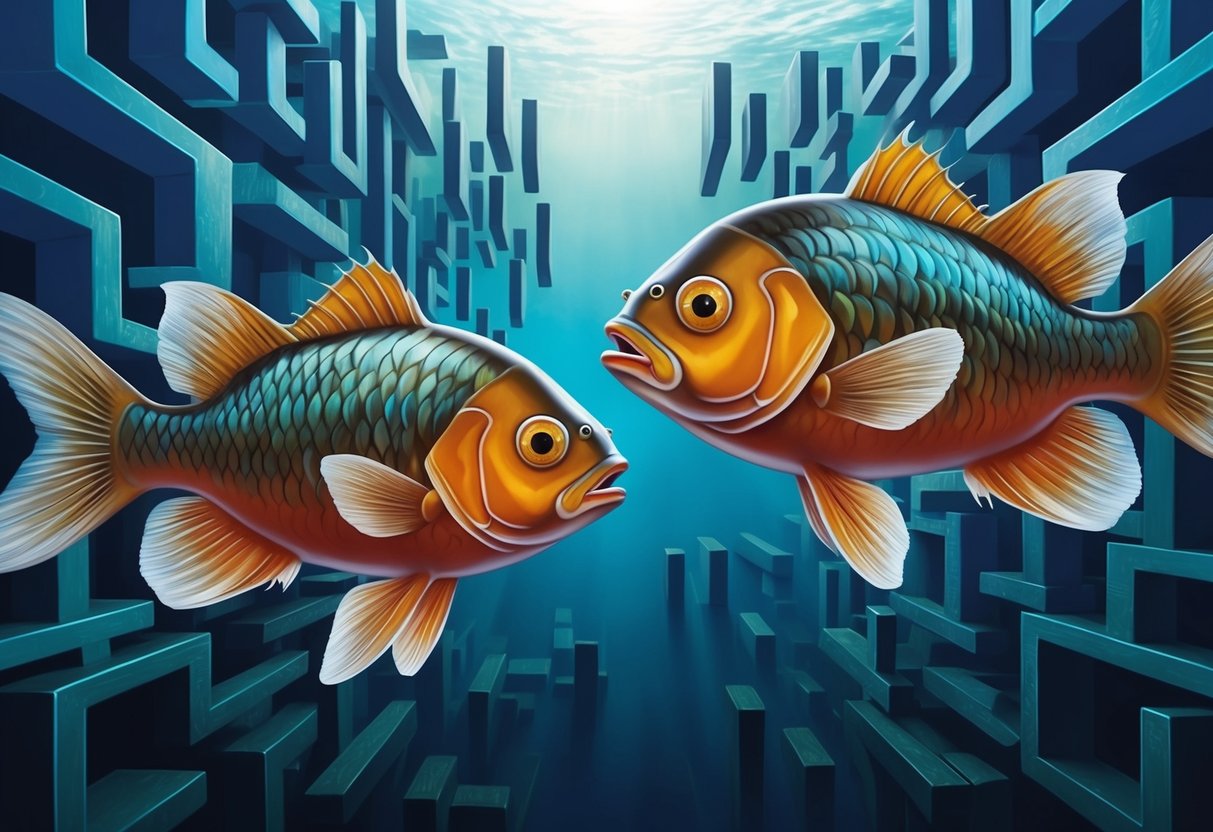 Two fish swimming in opposite directions, navigating through a maze of obstacles and challenges