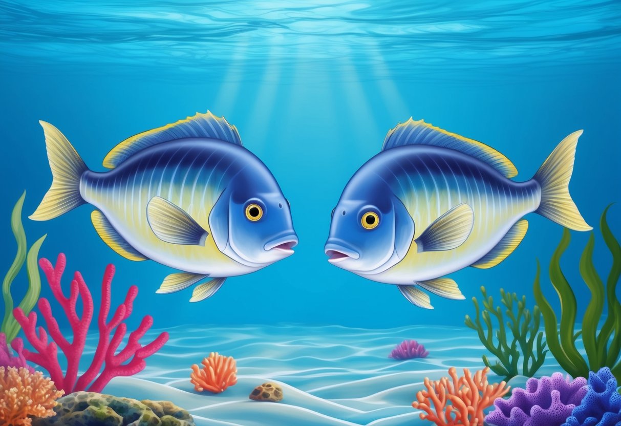 Two fish swimming peacefully in a tranquil, clear blue ocean, surrounded by colorful coral and seaweed