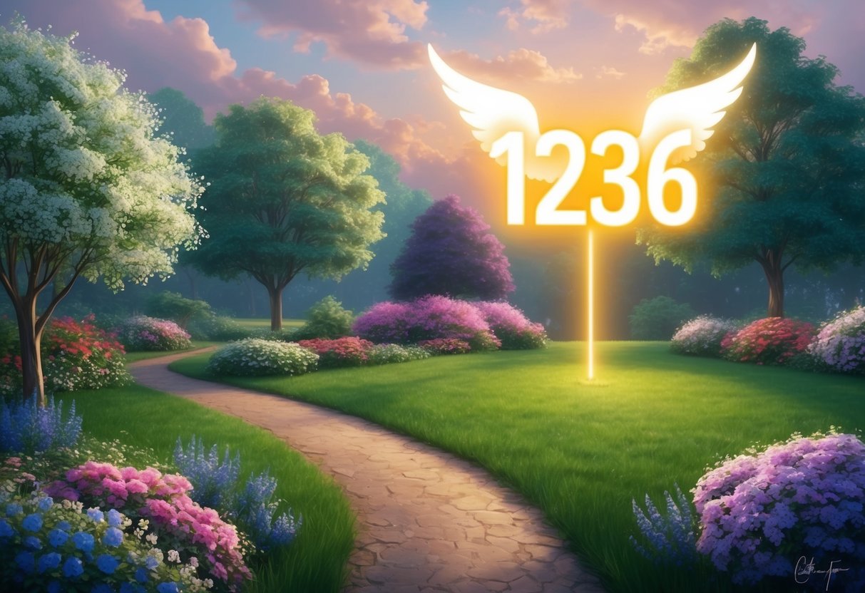 A serene garden with blooming flowers and a path leading towards a glowing 1236 angel number suspended in the air