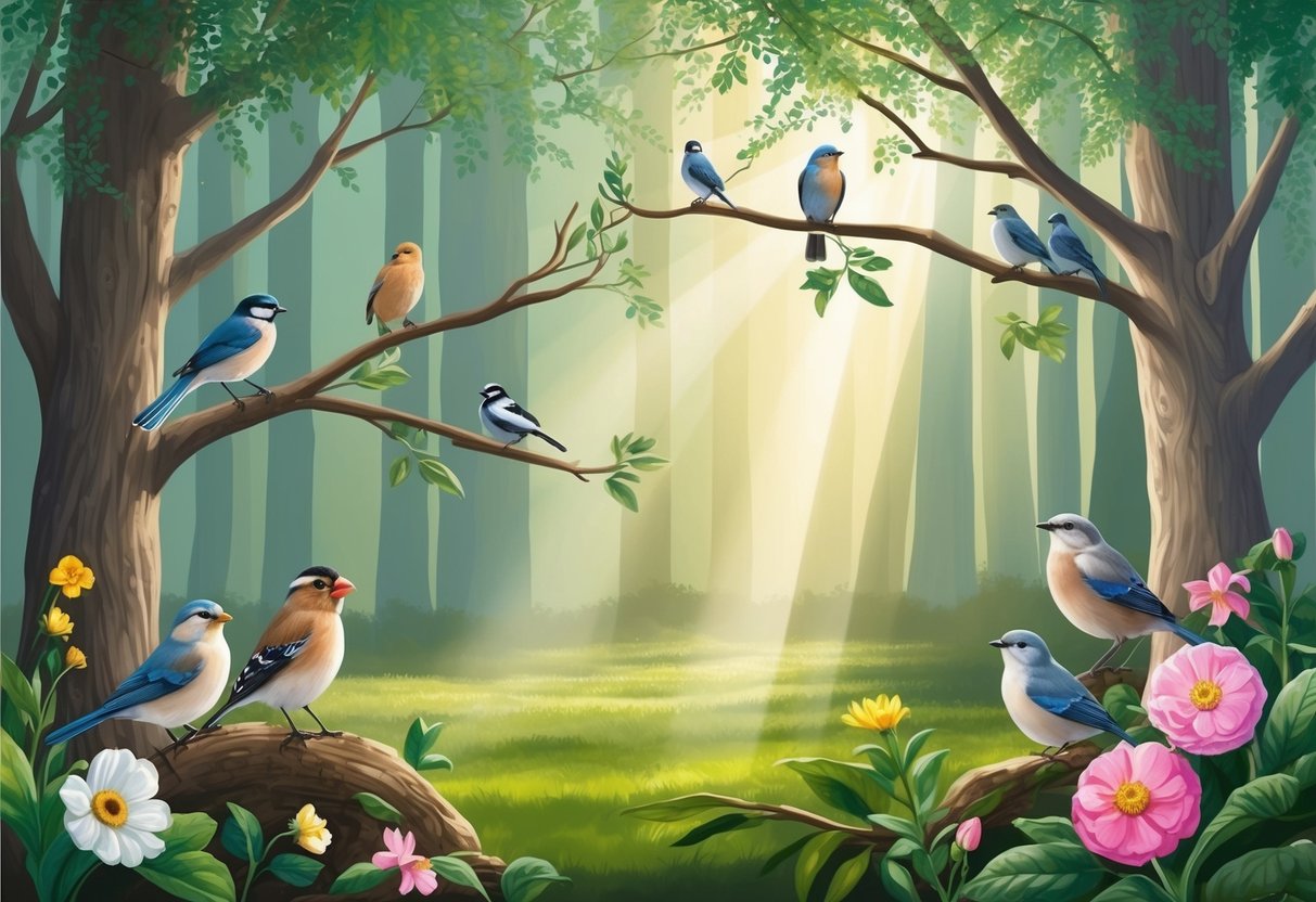 A serene forest clearing with 14 birds perched on branches, 14 flowers blooming, and 14 rays of sunlight breaking through the canopy