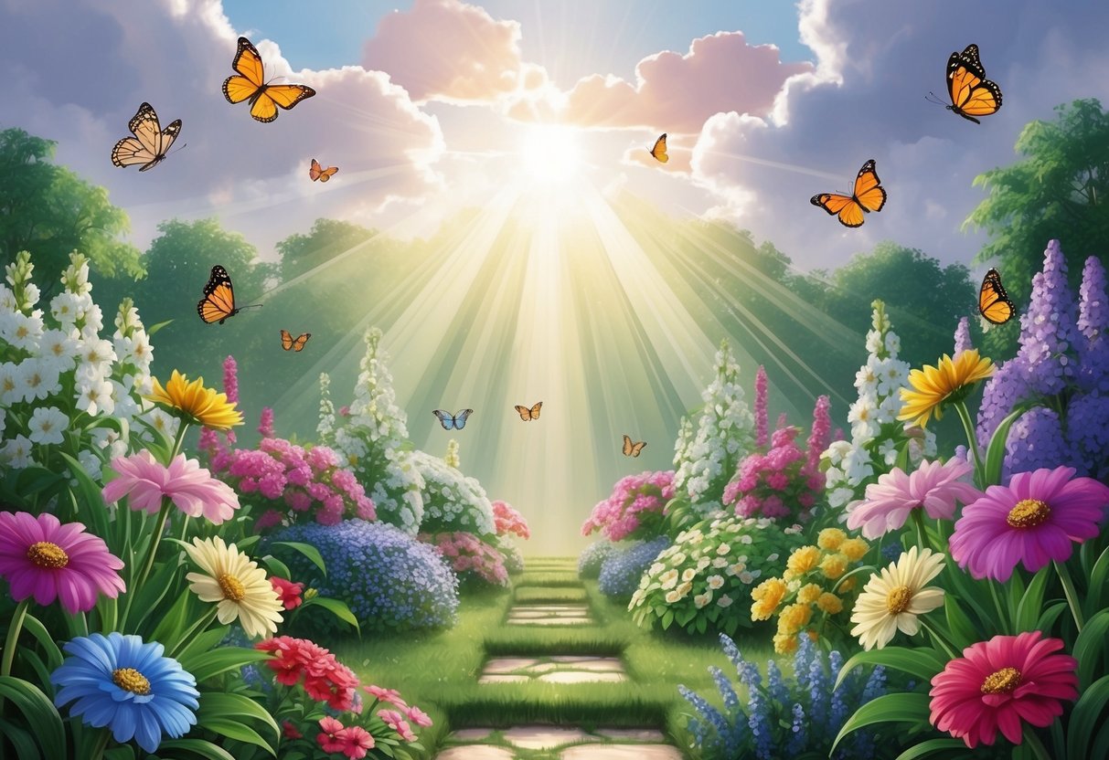 A serene garden with 14 blooming flowers, 14 butterflies, and 14 rays of sunlight breaking through the clouds