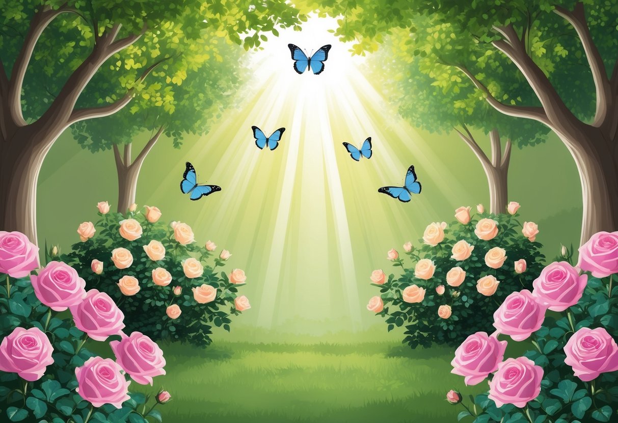 A serene garden with 12 blooming roses, 3 butterflies, and 6 rays of sunlight shining through the trees, creating a sense of peace and harmony