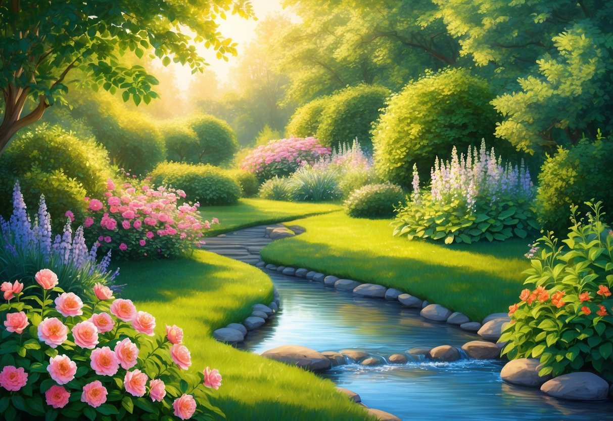 A serene garden with blooming flowers and a gentle stream, surrounded by lush greenery and bathed in warm sunlight