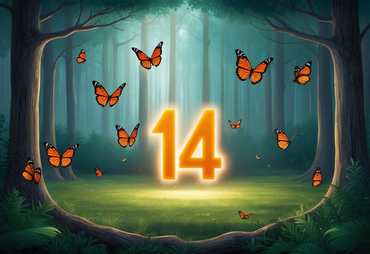 A serene forest clearing with 14 butterflies fluttering around a glowing, protective symbol of the number 14