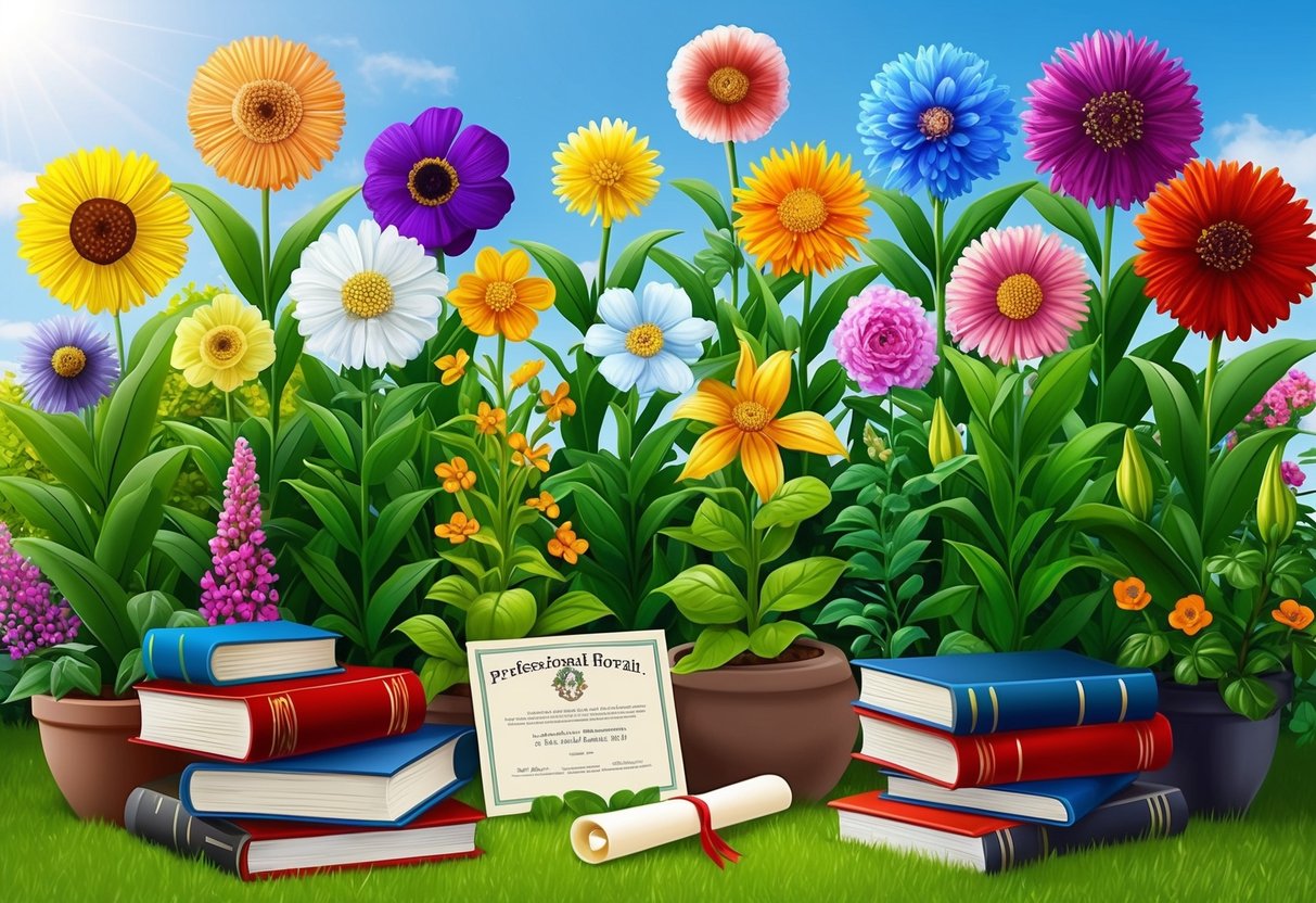 A lush garden with 14 blooming flowers of varying colors and sizes, surrounded by books and a diploma symbolizing professional growth