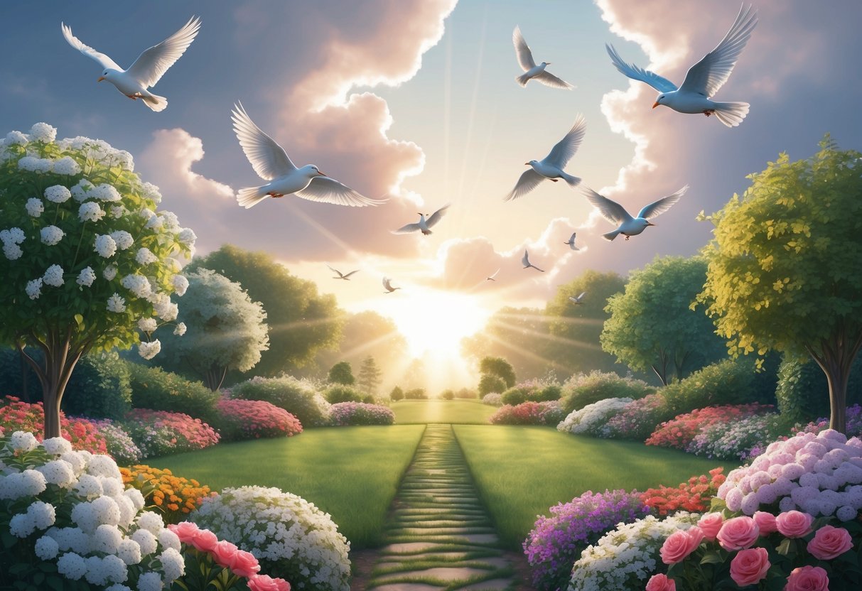 A serene garden with 14 blooming flowers, 14 birds in flight, and 14 rays of sunlight breaking through the clouds