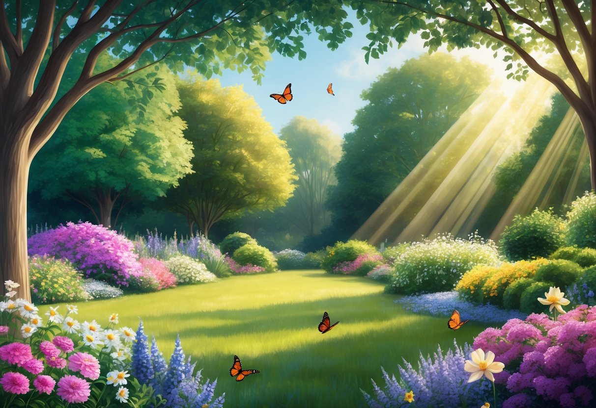 A serene garden with 14 blooming flowers, 14 butterflies, and 14 rays of sunlight filtering through the trees