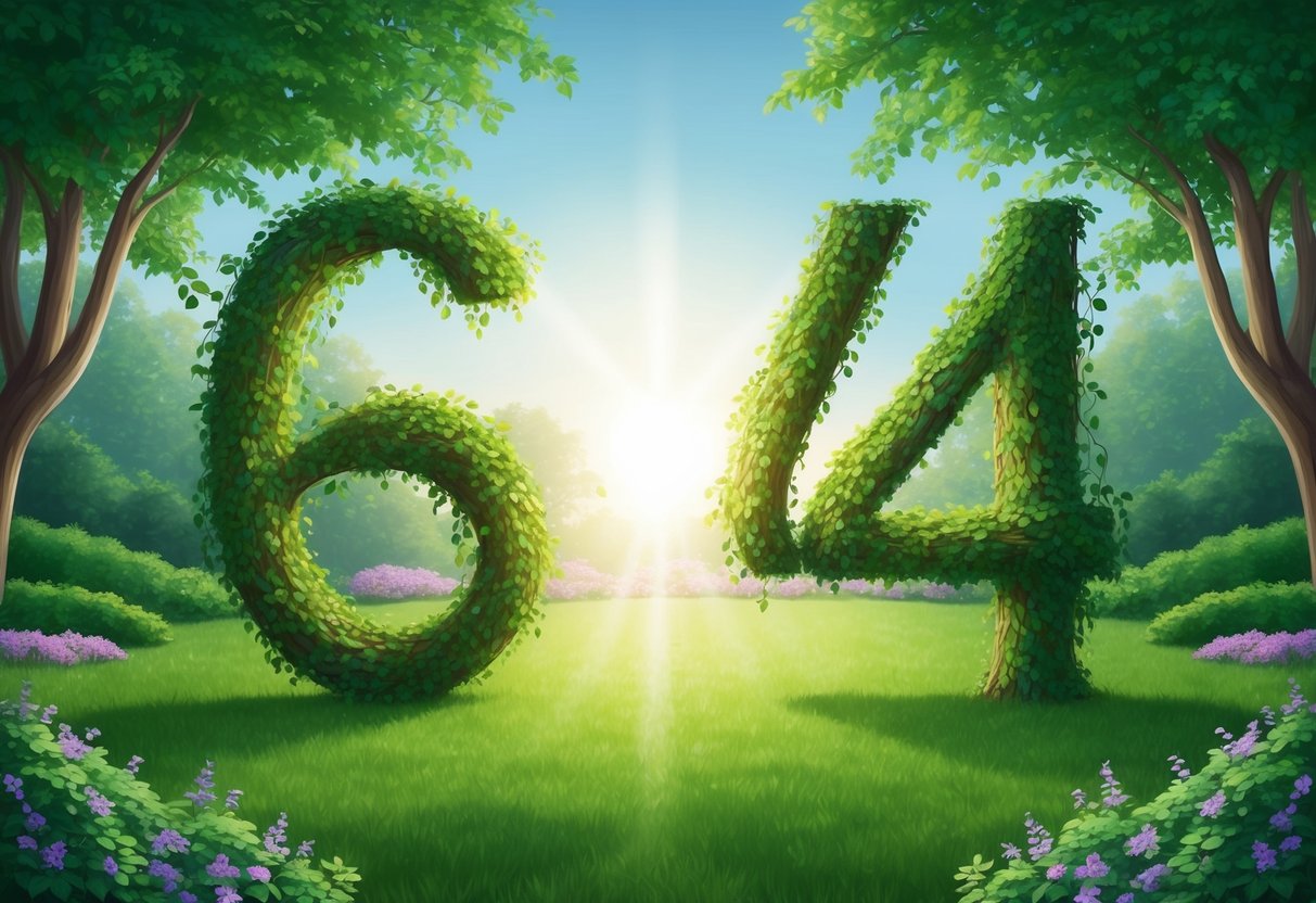 A serene garden with two intertwined vines forming the shape of the number 6644, with a soft glow emanating from the center