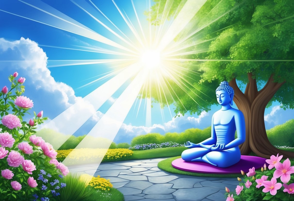 A serene garden with blooming flowers and a radiant beam of light shining down from the sky onto a peaceful figure meditating under a sacred tree