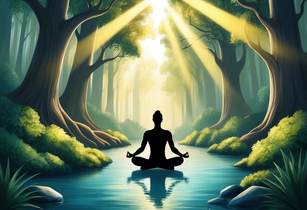 A figure meditates in a serene forest, surrounded by towering trees and a tranquil stream, as beams of golden light break through the canopy above