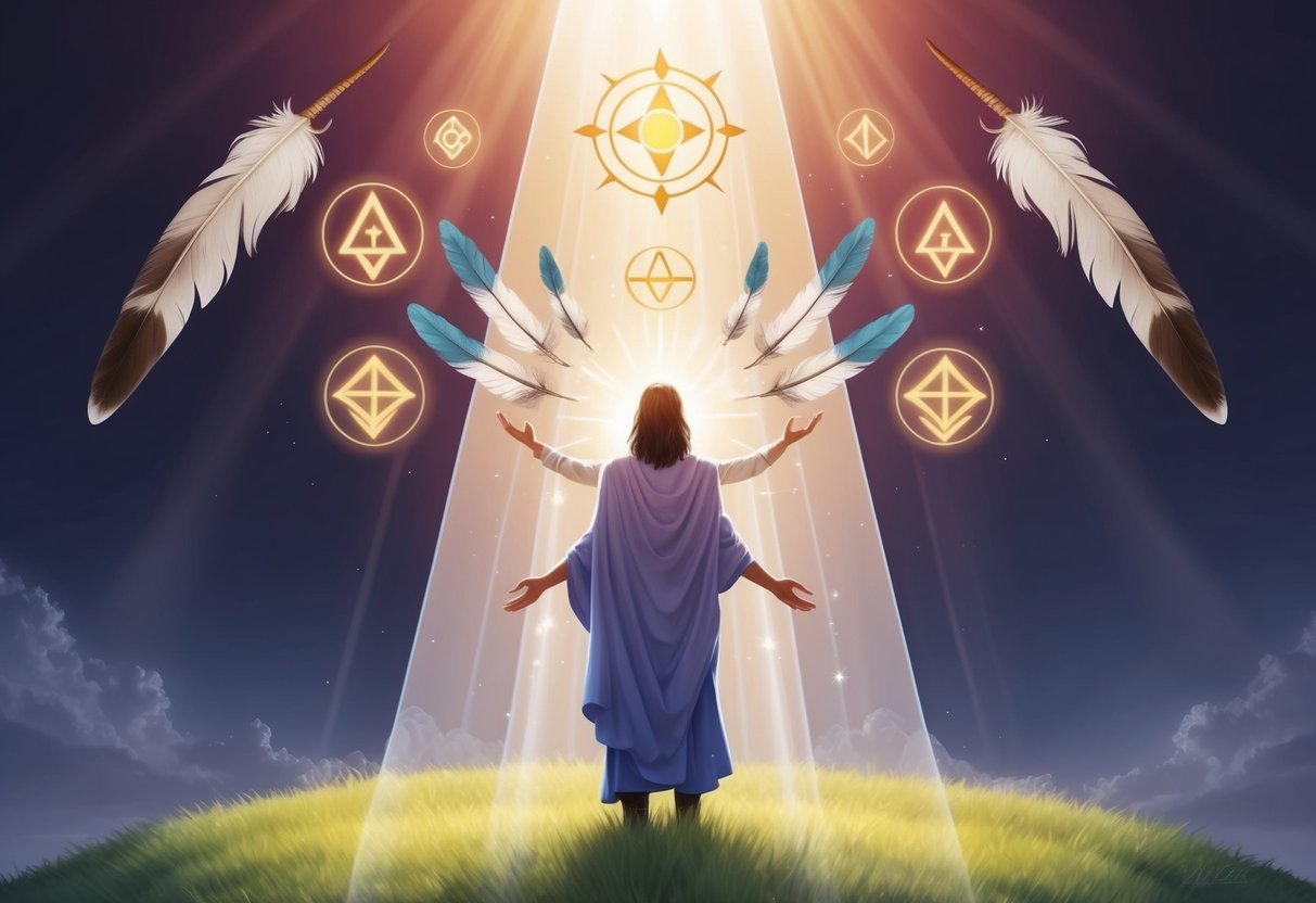 A figure stands in a beam of light, surrounded by feathers and glowing symbols, as if receiving divine guidance from above