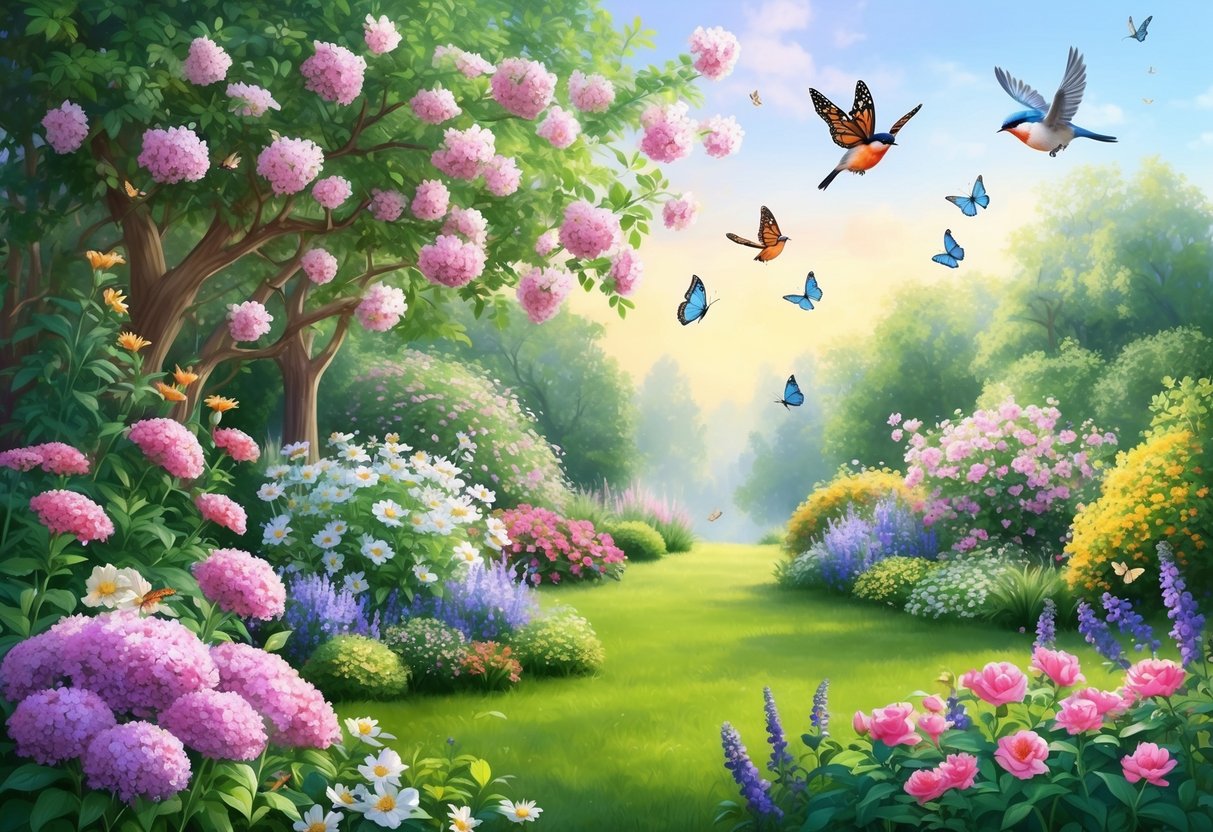 A serene garden with blooming flowers and a gentle breeze, surrounded by fluttering butterflies and singing birds