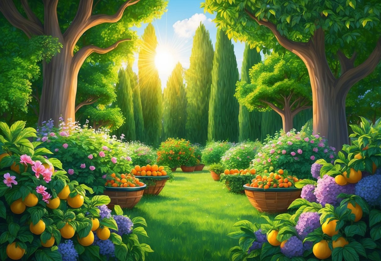 A lush garden with blooming flowers, overflowing with ripe fruit and surrounded by tall, thriving trees.</p><p>The sun shines brightly, casting a golden glow over the scene