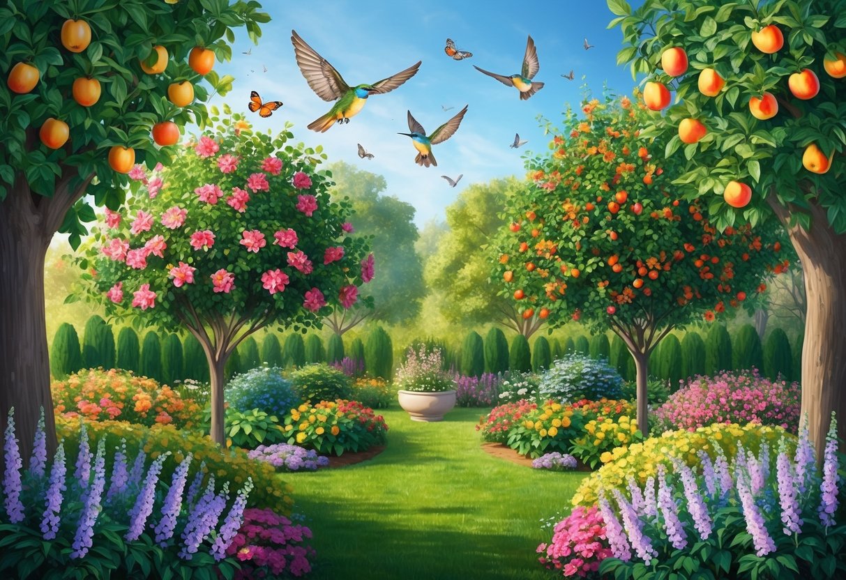 A lush garden with blooming flowers and fruit-bearing trees, surrounded by butterflies and birds in flight, symbolizing abundance and growth