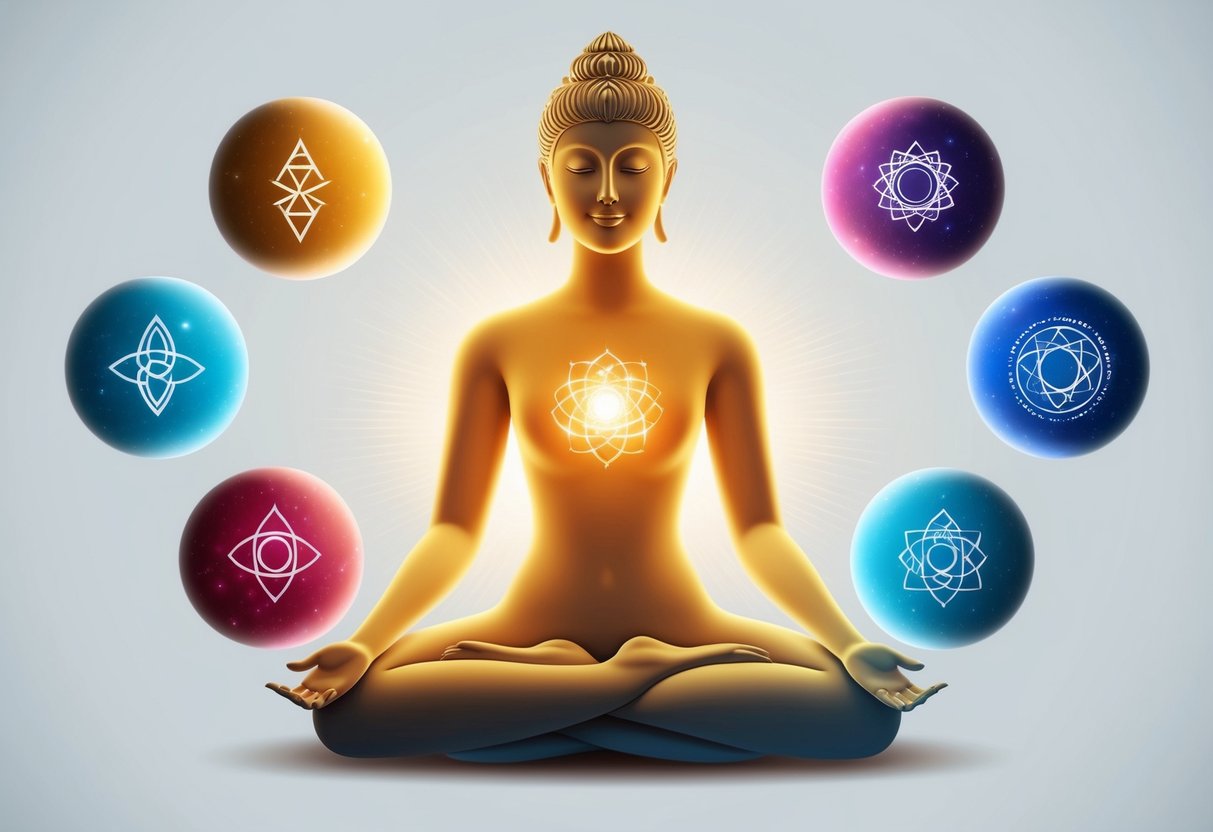 A serene figure surrounded by seven glowing orbs, each bearing a different symbol representing intuition and guidance