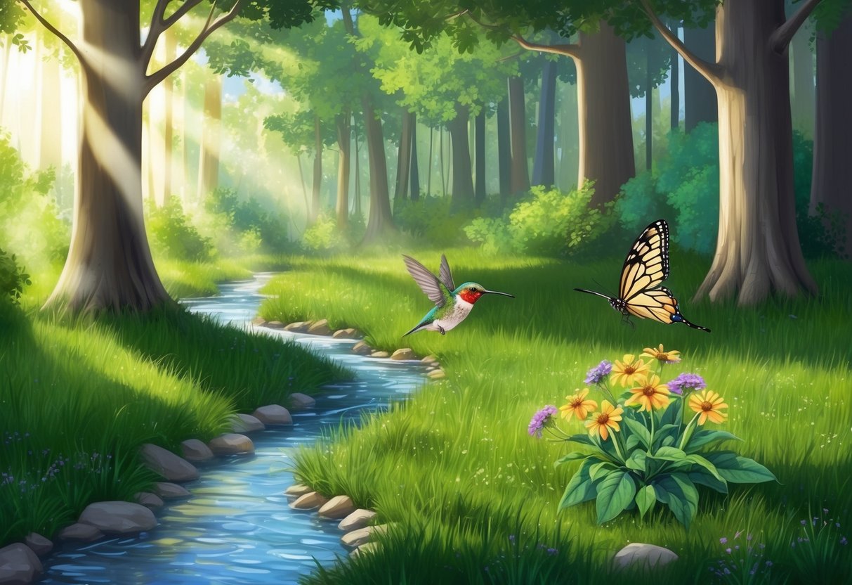 A serene forest clearing, with a stream flowing and sunlight filtering through the trees, casting dappled shadows on the ground.</p><p>A butterfly and a hummingbird hover near a cluster of wildflowers