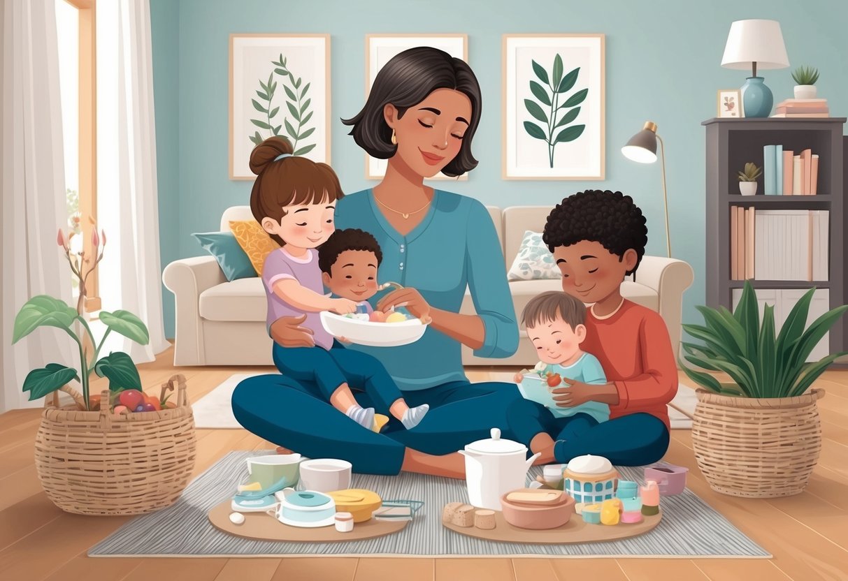 A nurturing Virgo parent surrounded by a serene and organized home environment, caring for their children with attention to detail and practicality