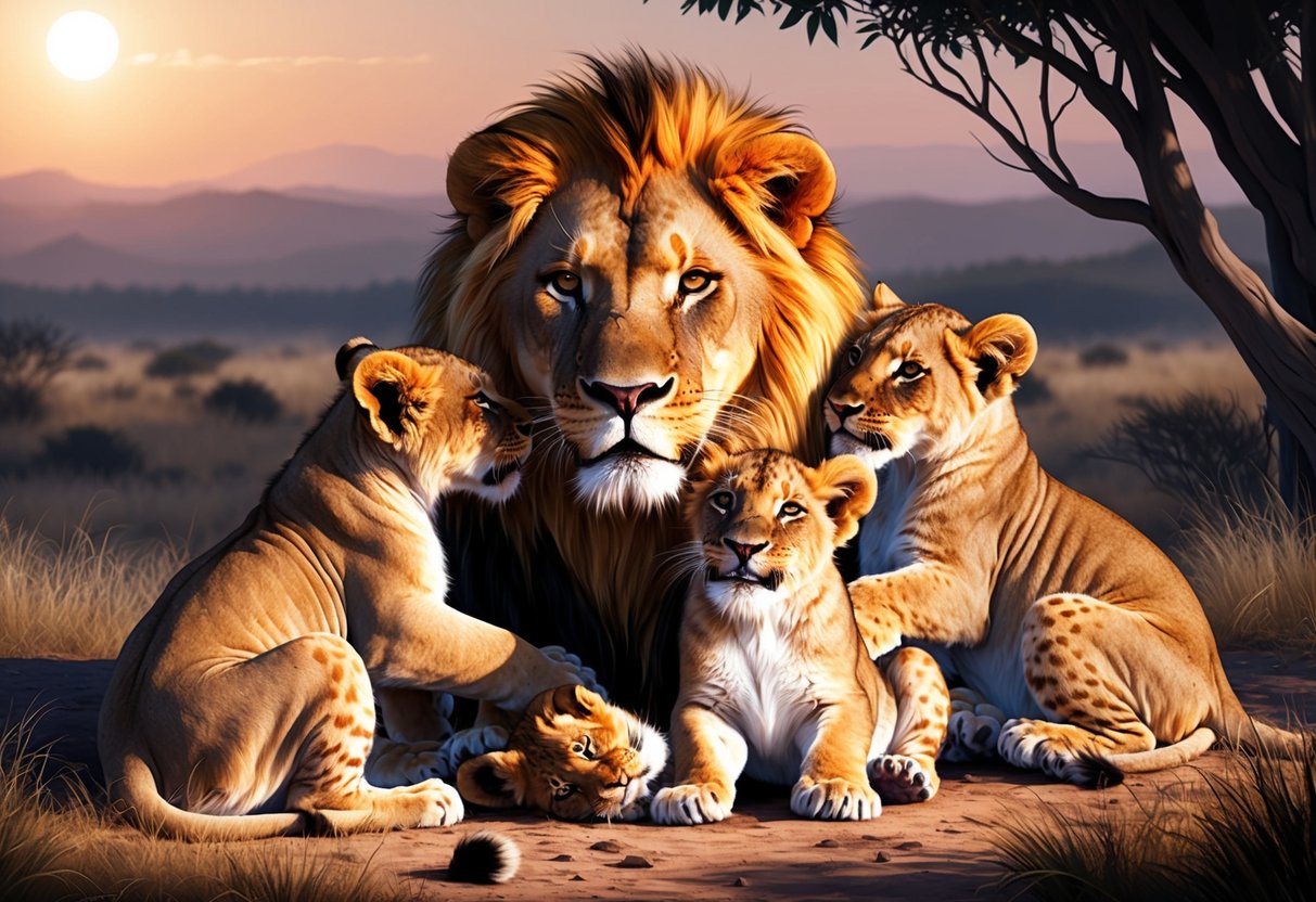 A lion surrounded by playful cubs, nurturing and protective, basking in the warmth of the sun