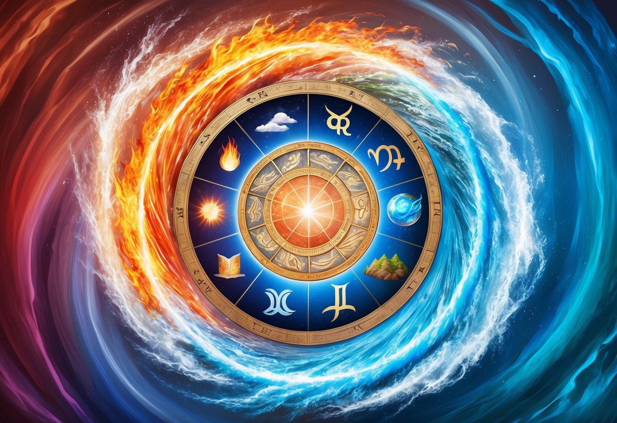 A swirling vortex of fire, water, earth, and air elements surrounding a glowing zodiac wheel, emanating energy and wisdom