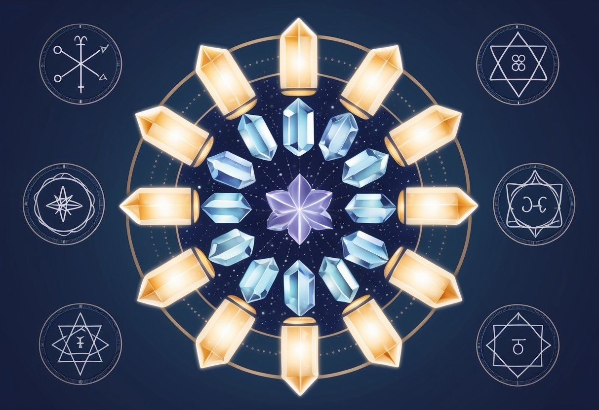 A collection of crystals arranged in a circular pattern, each emitting a soft glow, surrounded by astrological symbols representing the six truths of spiritual protection