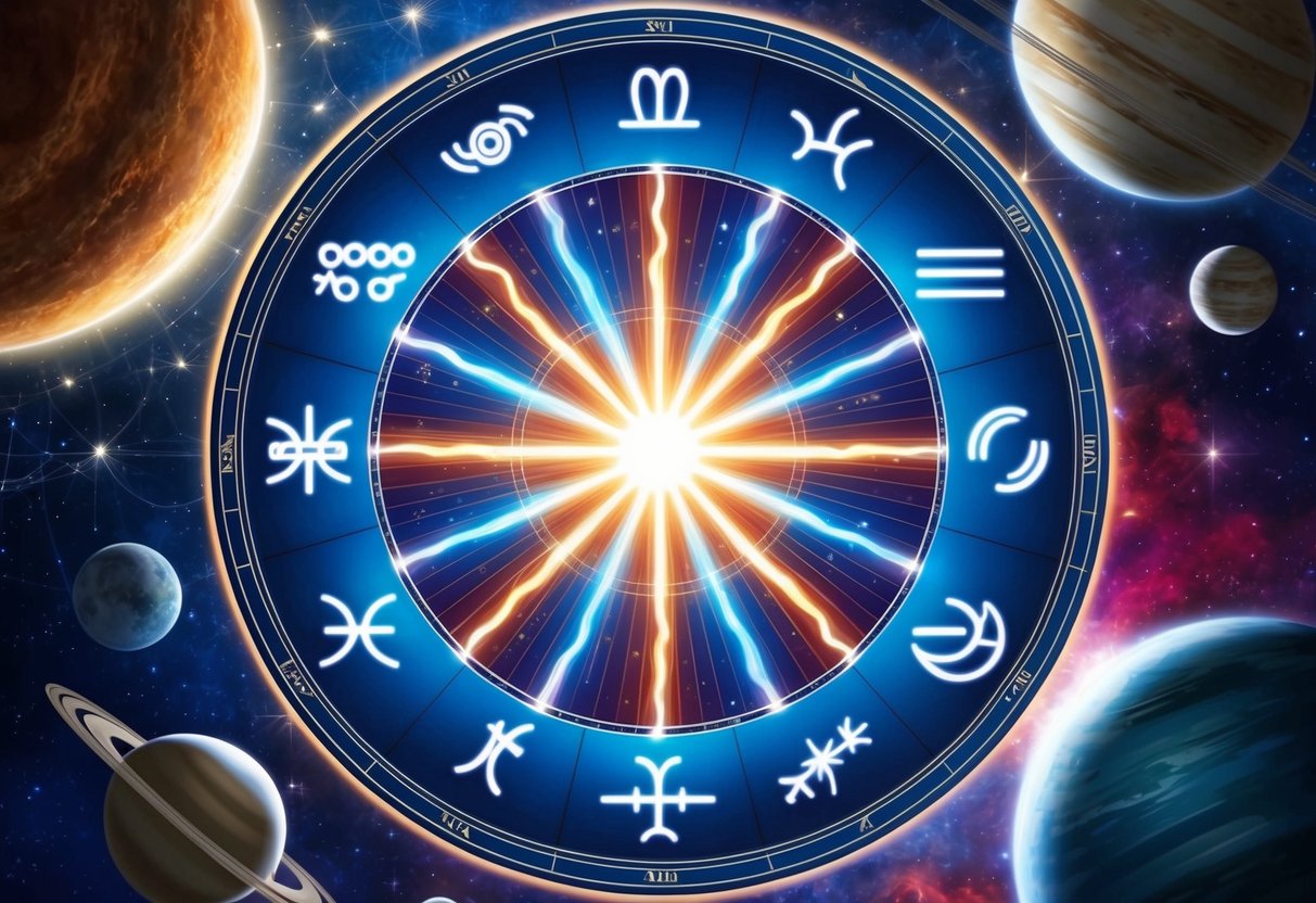 A cosmic wheel with zodiac symbols radiating energy, surrounded by celestial elements and planetary alignments