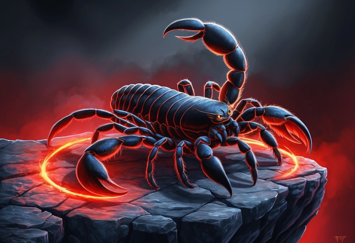 A scorpion poised on a rocky ledge, surrounded by glowing red and black colors, with a determined and intense expression