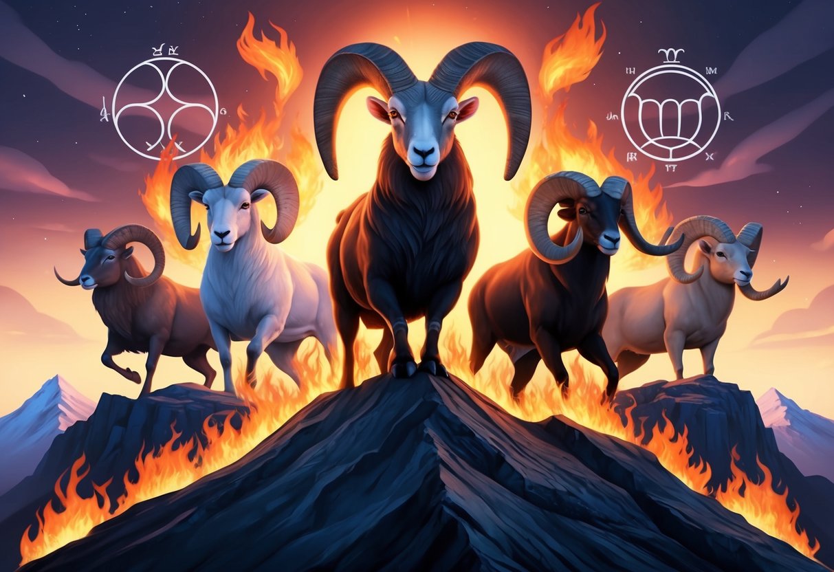 A fierce ram stands proudly atop a mountain, surrounded by flames and leading the other zodiac signs with intense personalities