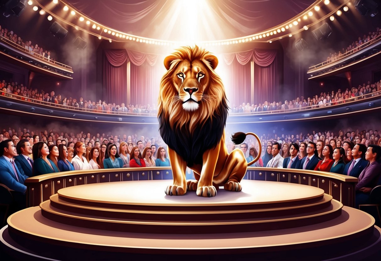 A lion confidently commands attention on a grand stage, surrounded by a mesmerized audience