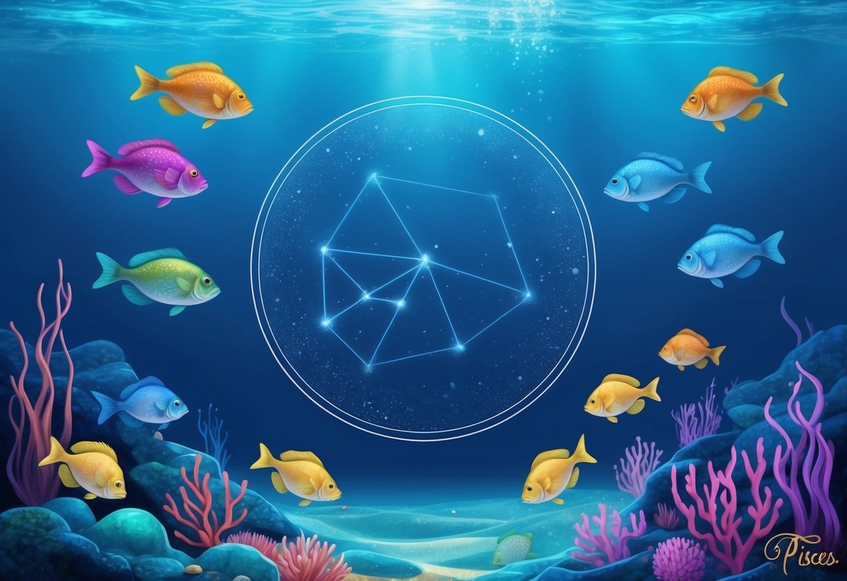 A serene underwater scene with colorful fish swimming around a dreamy and empathetic Pisces constellation