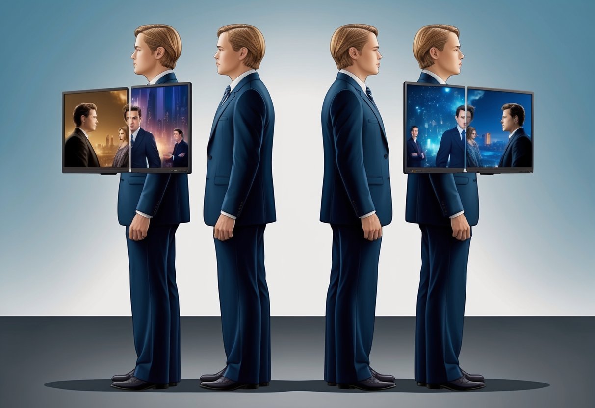 A pair of identical twins standing back to back, each with a split screen showing two different movie scenes: one depicting duality and the other showing a sense of duality