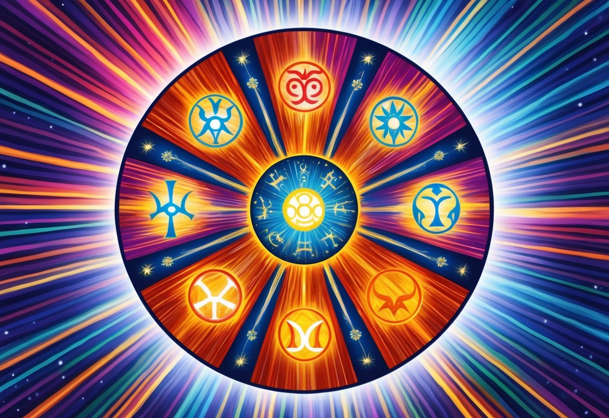 A circle of seven vividly colored zodiac symbols radiating intense energy