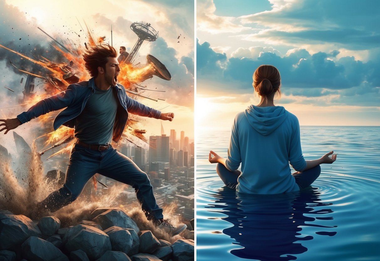 A split-screen showing two contrasting scenes: one chaotic and energetic, the other calm and contemplative