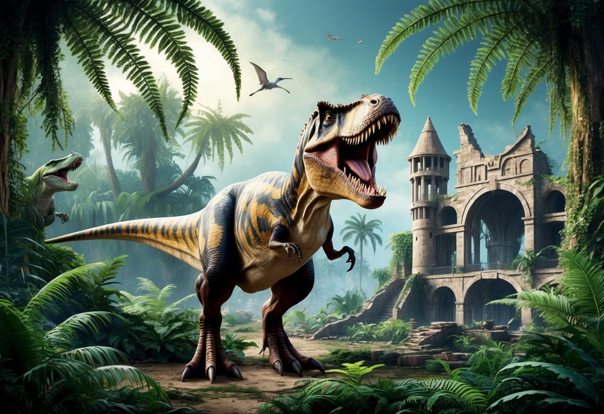 A prehistoric jungle with towering ferns and a roaring T-Rex, surrounded by the ruins of an ancient theme park