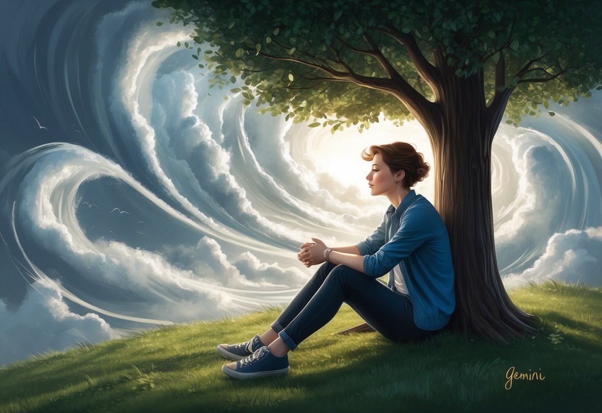 A person sitting under a tree, surrounded by swirling wind and changing weather, symbolizing the ever-changing emotions of a Gemini