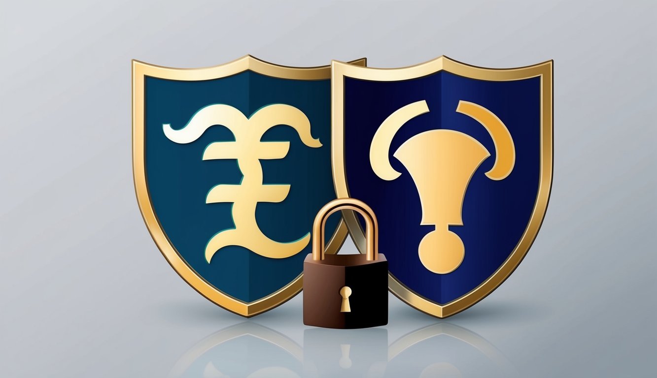 Two zodiac symbols, Aquarius and Capricorn, surrounded by a protective shield and lock, symbolizing trust and security