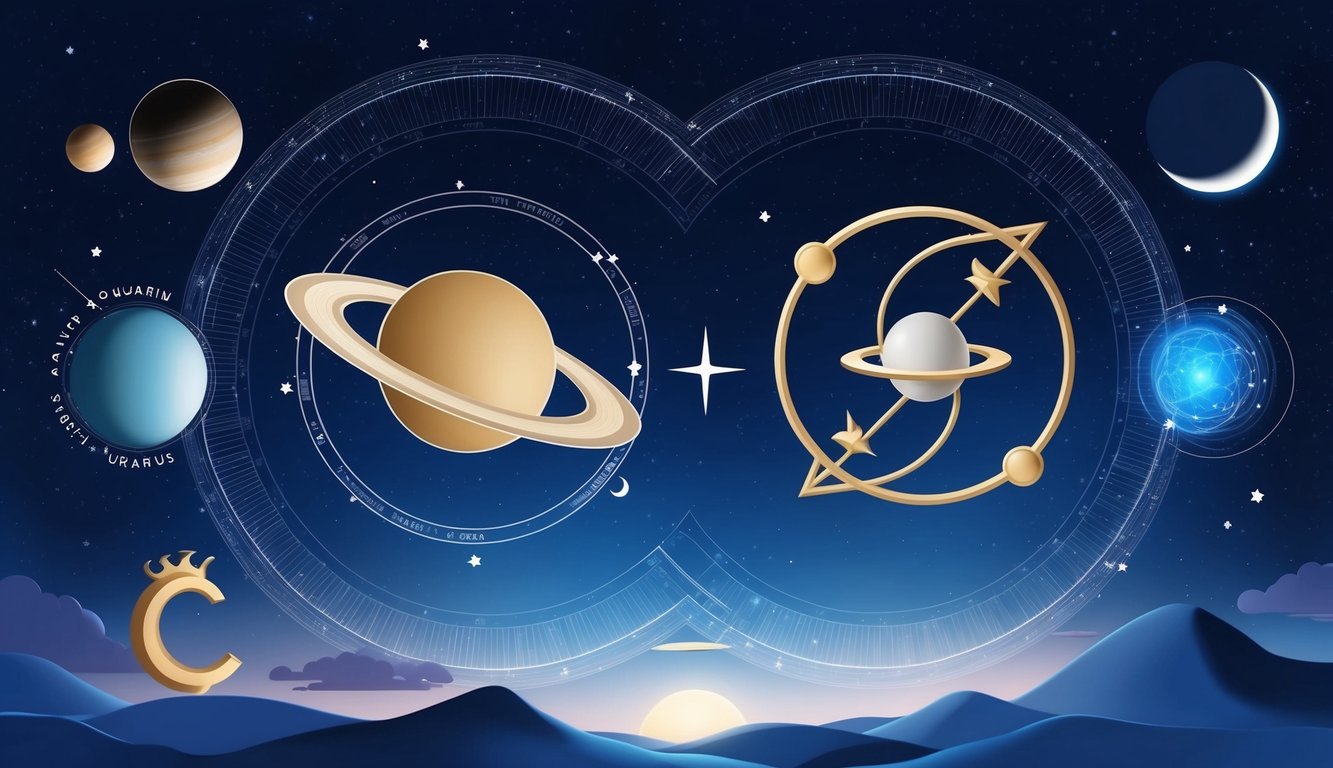 Saturn and Uranus in the night sky, Aquarius and Capricorn symbols entwined, surrounded by celestial elements