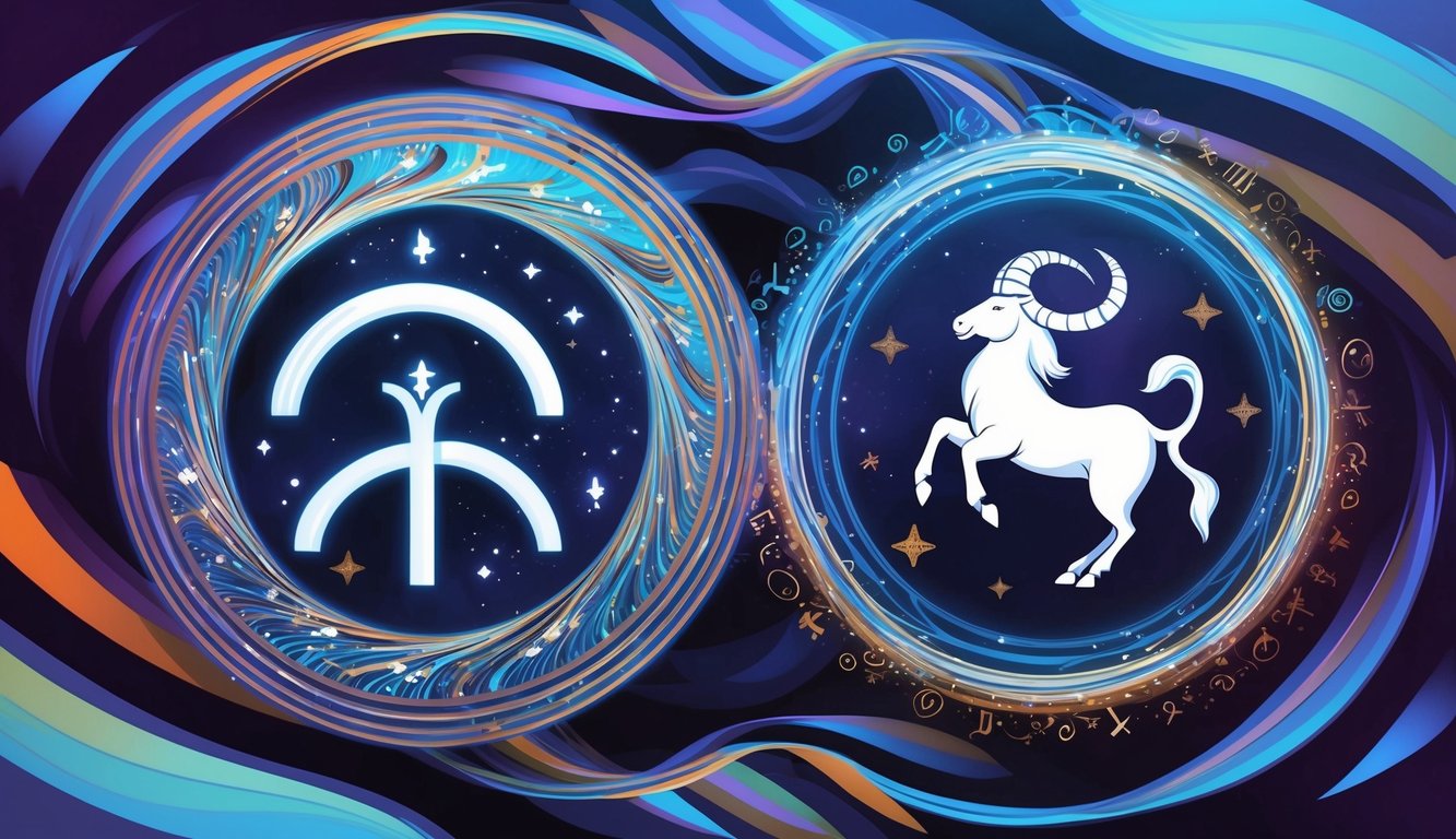 Two zodiac symbols, Aquarius and Capricorn, surrounded by swirling patterns and symbols representing personal growth and innovation