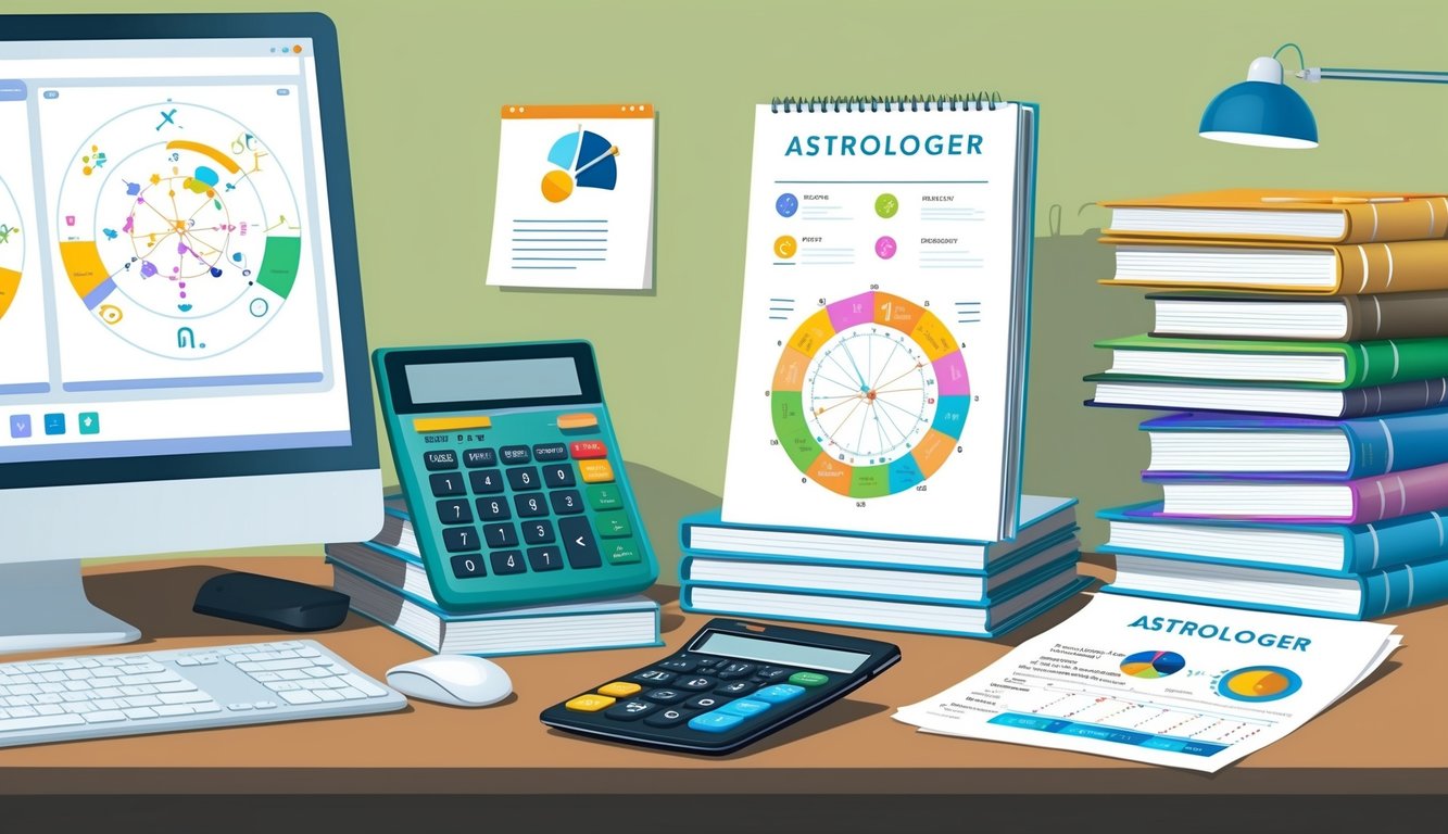 A busy astrologer's desk with a computer, astrological charts, and a stack of books on astrology.</p><p>A calculator and financial documents show the income potential of the profession