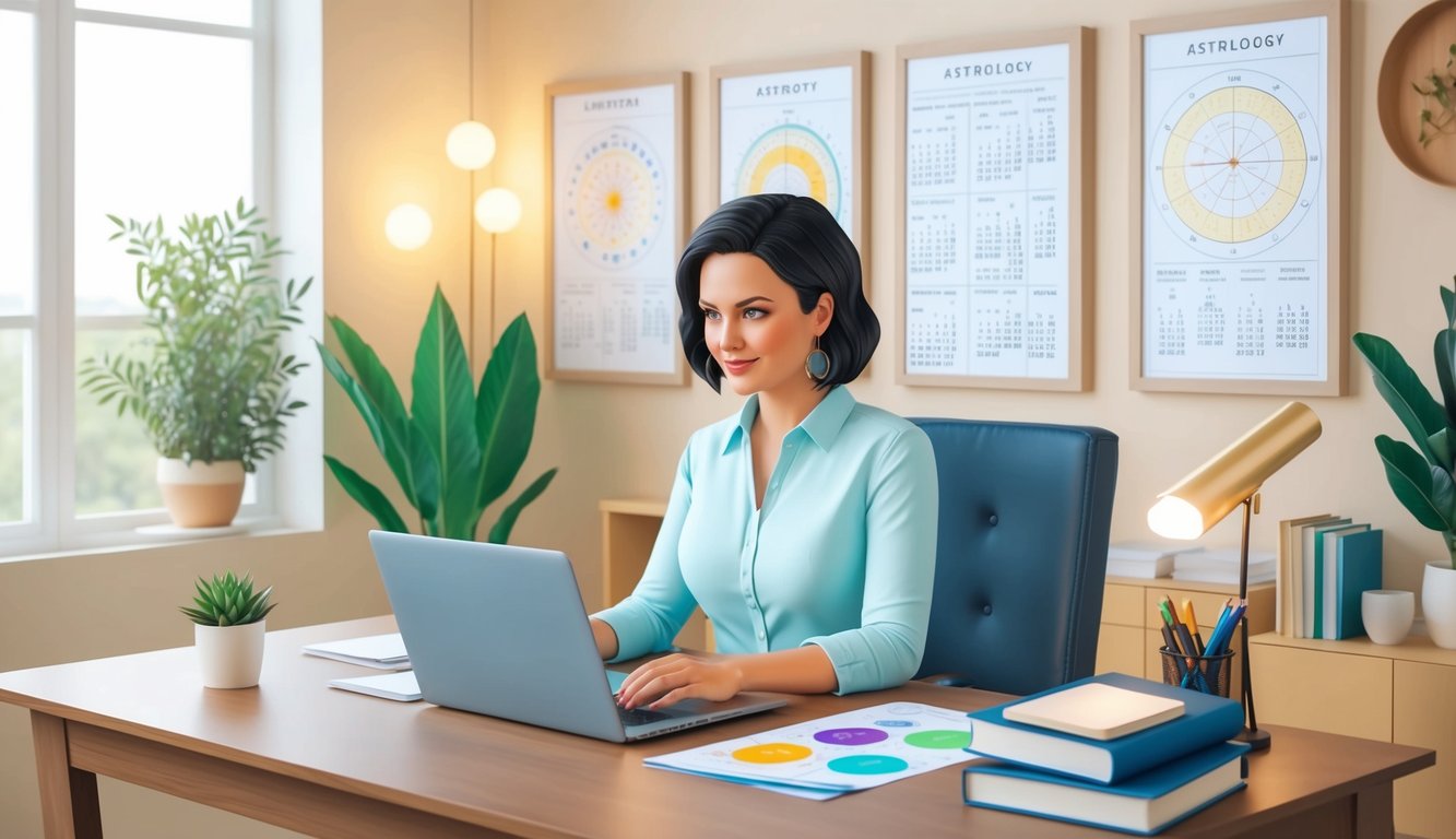 An astrologer sitting at a desk, consulting a laptop and organizing appointment schedules in a cozy office with soft lighting and astrology charts on the walls